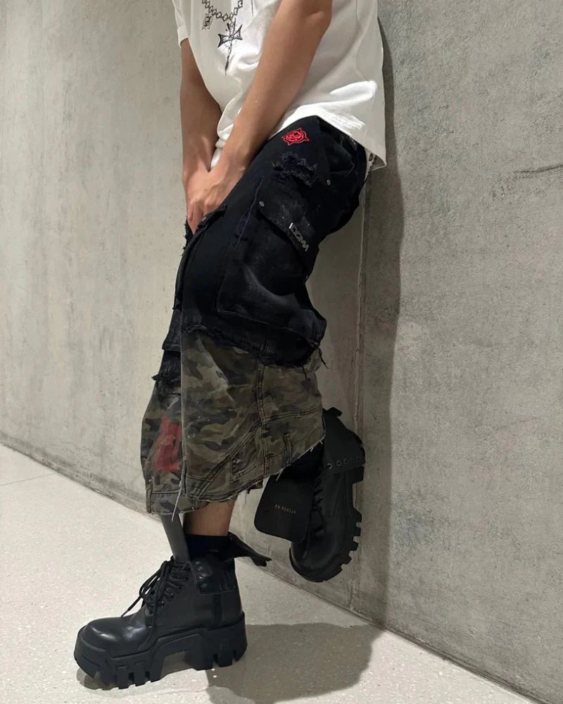 Street Distressed Patchwork Long Camo Jorts - Image 4