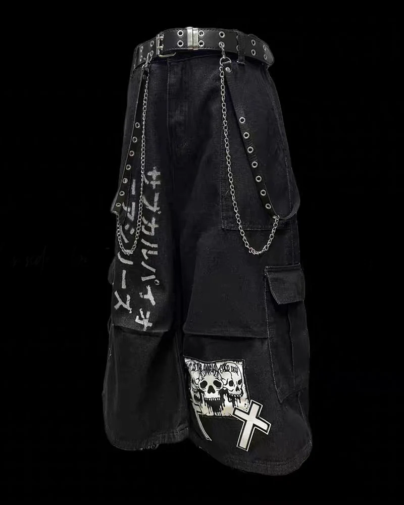 Street Washed Chains Denim Baggy Jorts - Image 3