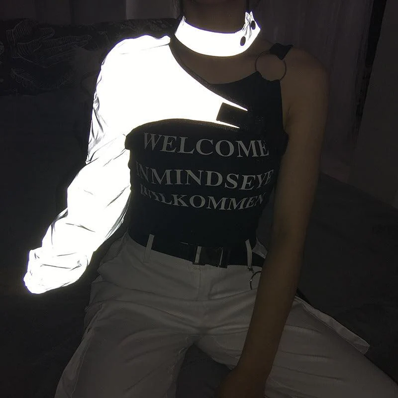 Techwear One Shoulder Sleeve Reflective Buckle Top - Image 4
