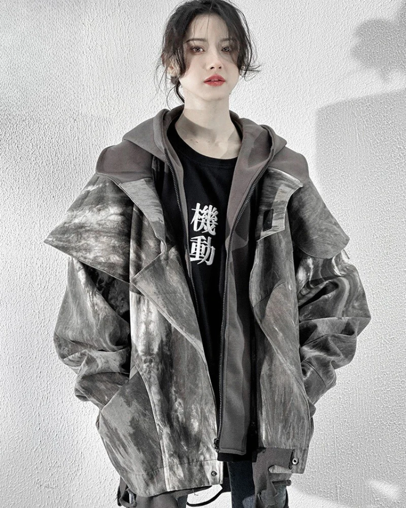Wasteland Wear Torn Hem Fake Two-piece Unisex Jacket - Image 7